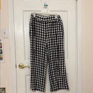 LOFT Black and White Plaid Wide-Leg Pants with tie in the front